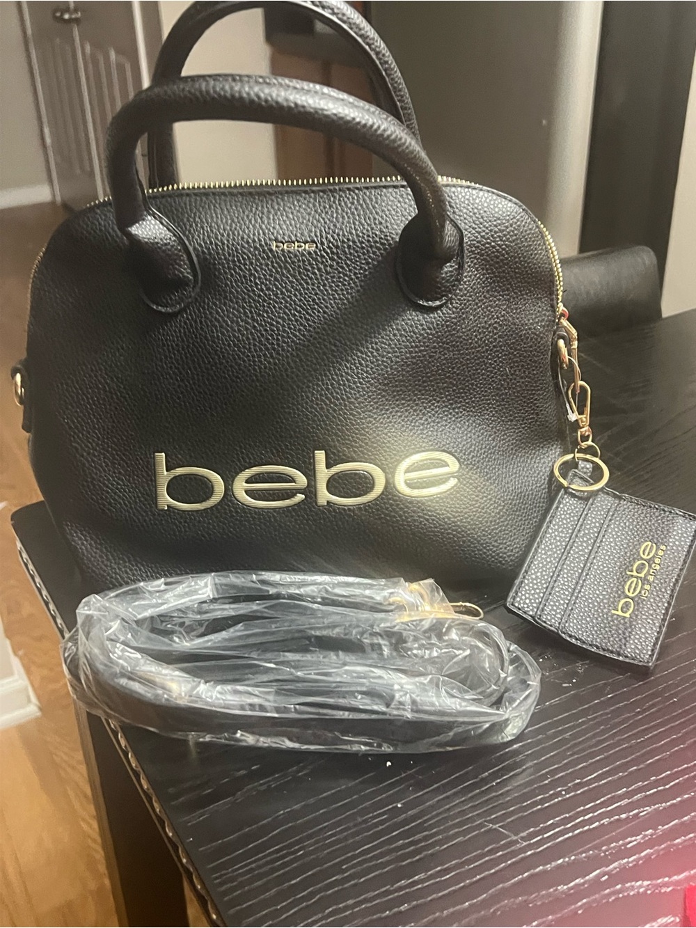 bebe Black Dome Satchel with Gold Accents and Card Holder